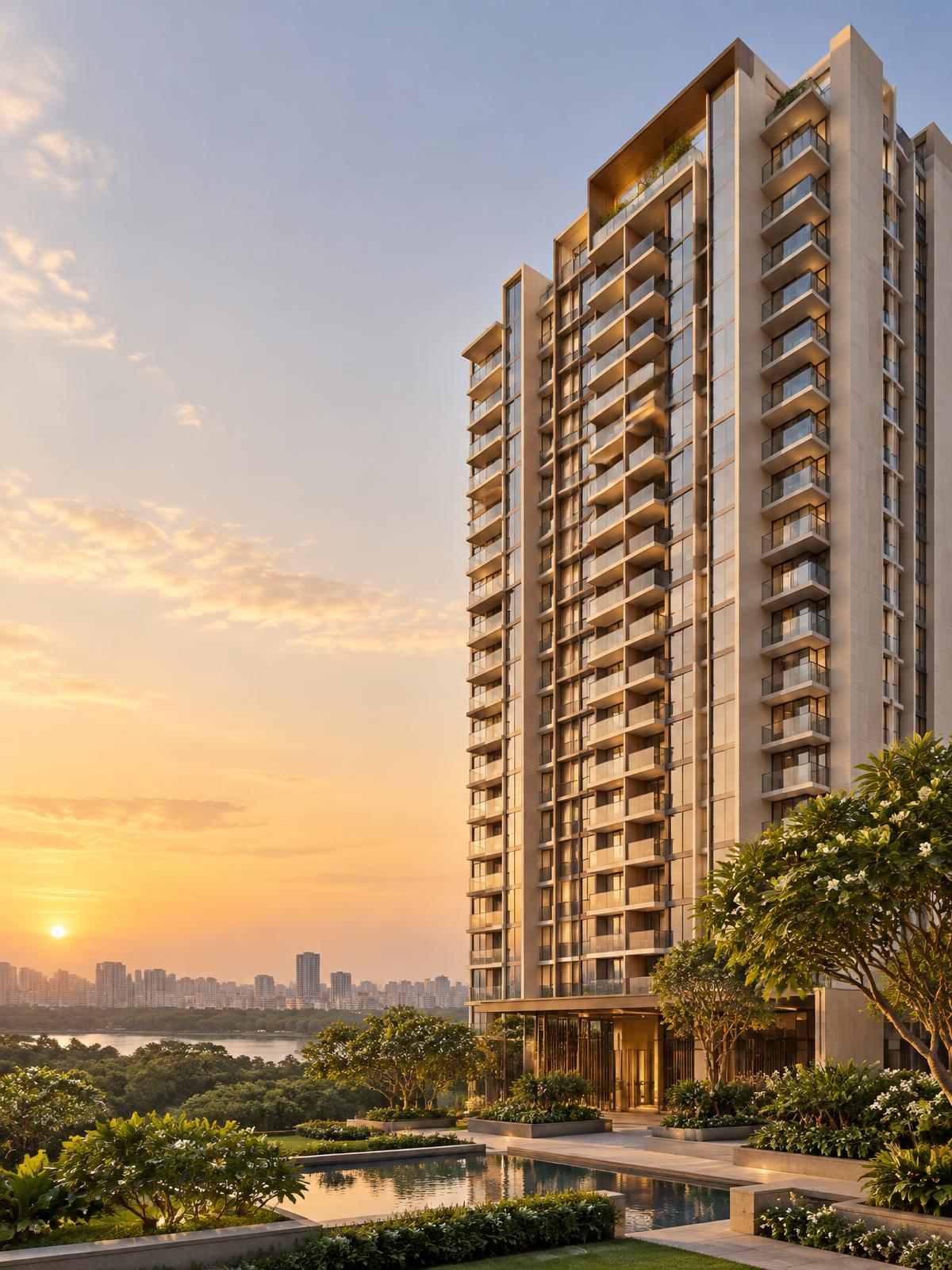 Premium residential tower at sunset