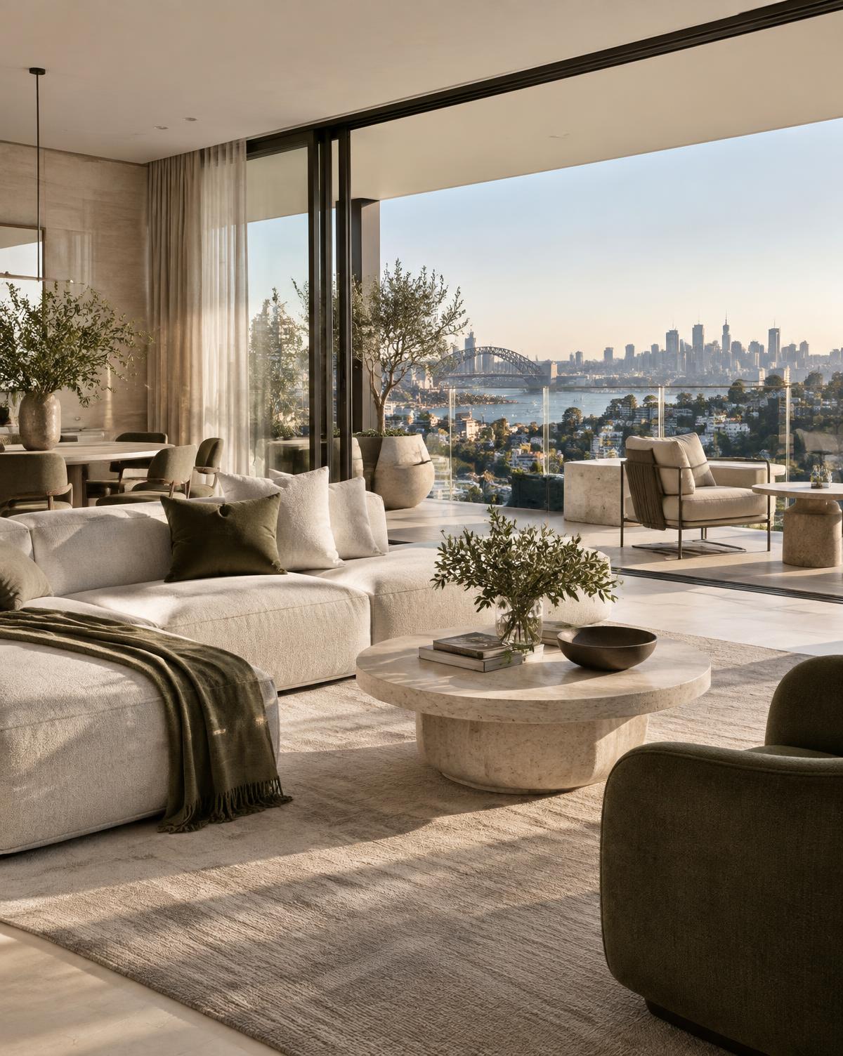 Luxury apartment interior overlooking a city