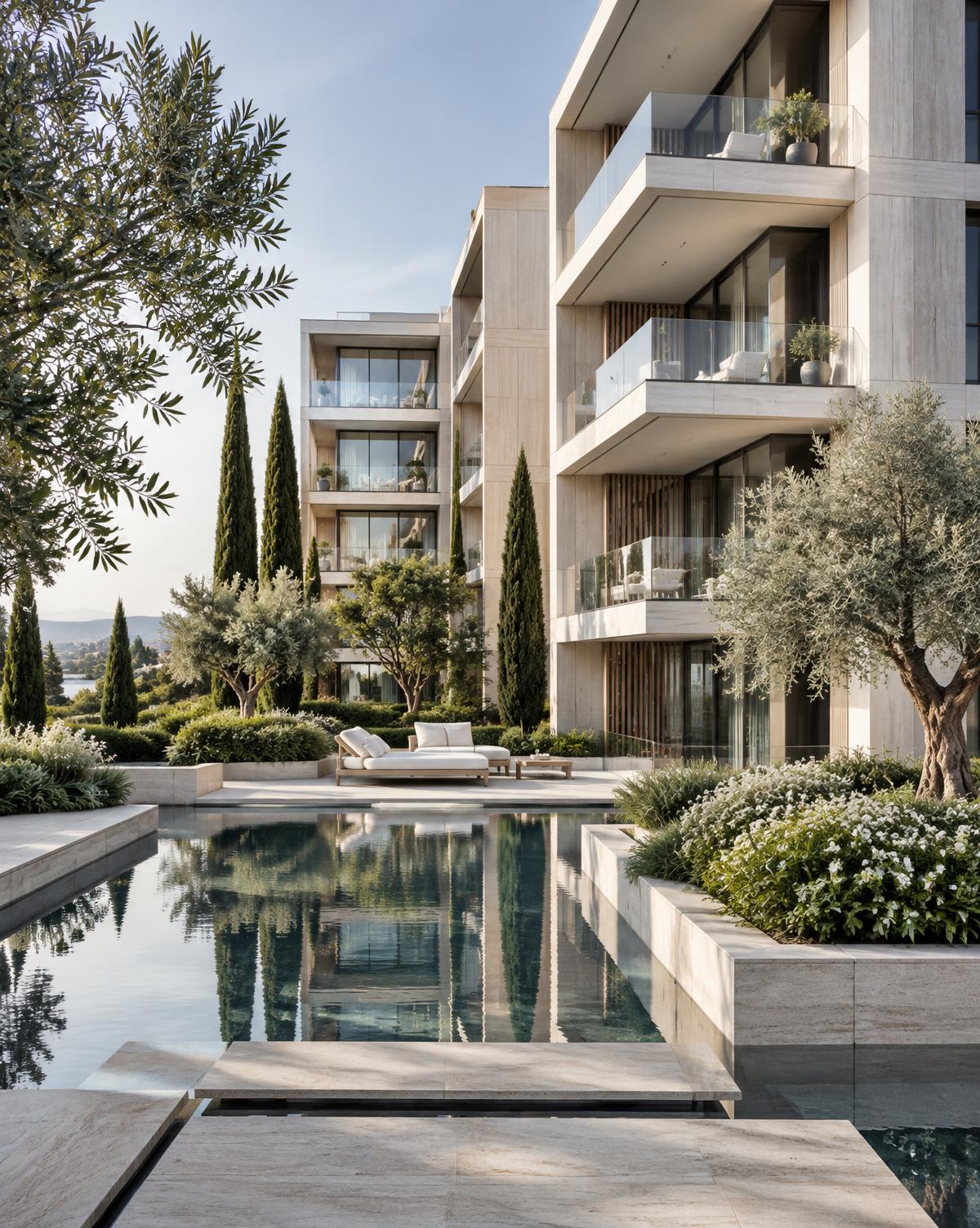 Luxury residential apartments with landscaped pool